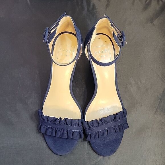 KAARI BLUE RUFFLE BLOCK HEEL OPEN TOE ADJUSTABLE BUCKLE ANKLE STRAP SANDAL - Picture 3 of 16